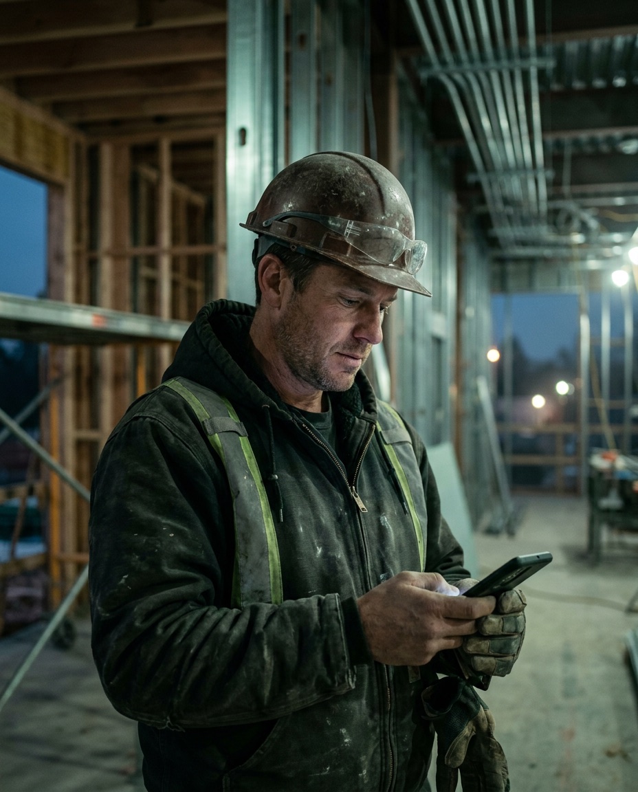 A tradesperson in a hard hat checks a phone on a job site at blue hour