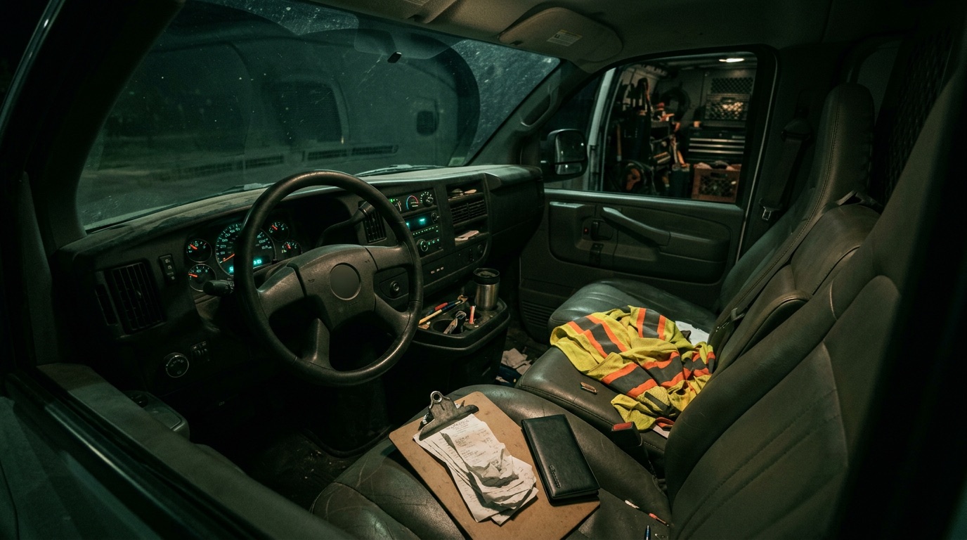 Work van cab at night with receipts on the seat and a green dashboard glow